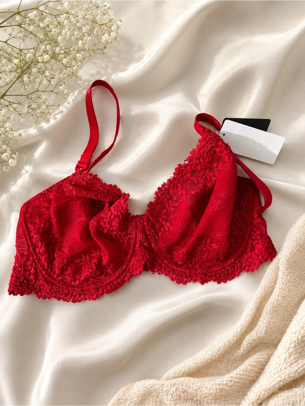 Wacoal Red Lace Underwire Bra with Floral Trim